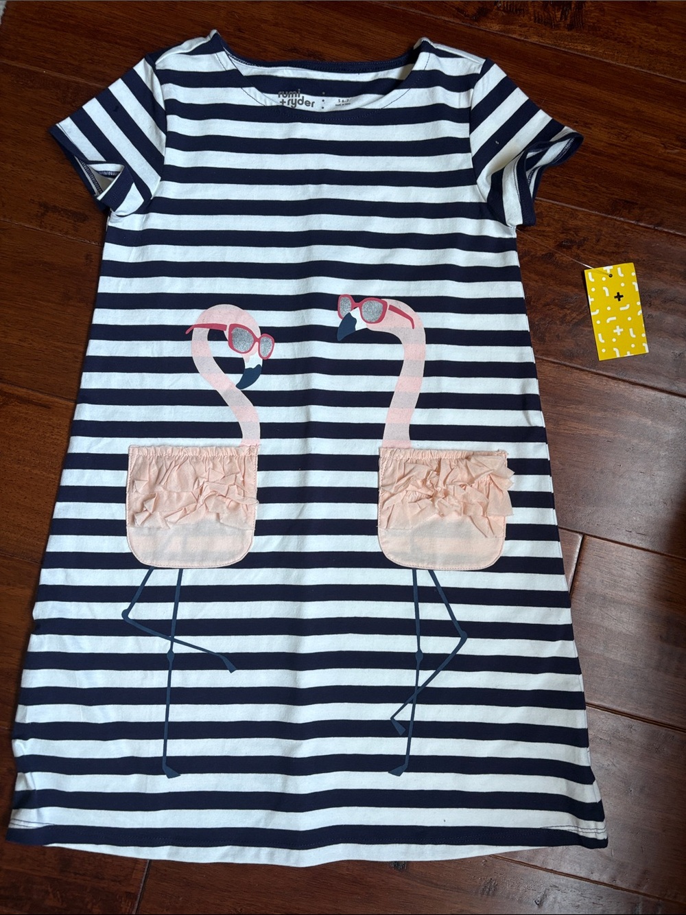 Girls Navy & White Striped Flamingo Pocket Dress - Pink Accents